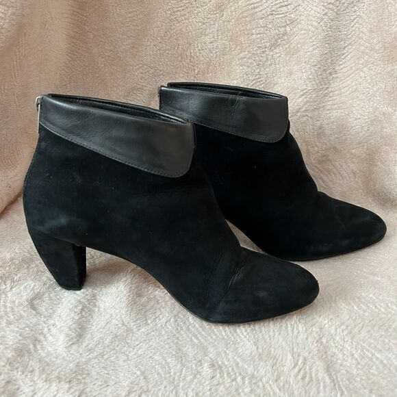 Loeffler Randall Suede Black Ankle Boots with Leather Peter Pan Collar - Picture 1 of 10